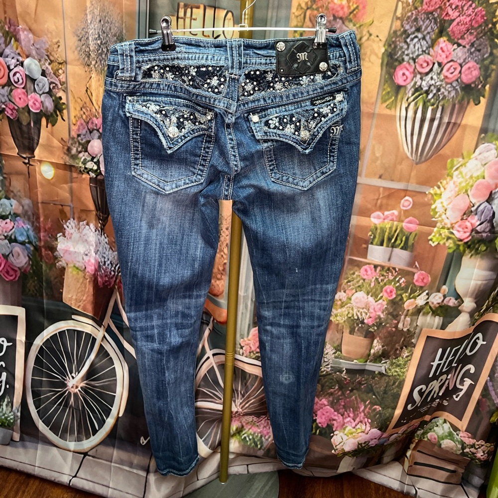 Miss Me Women's Skinny Jeans - Blue with Silver Accents